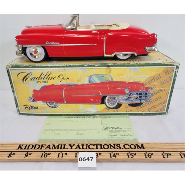 FIFTIES CADILLAC TYPE 1950 TIN FRICTION CAR W/ BOX & CERTIFICATE