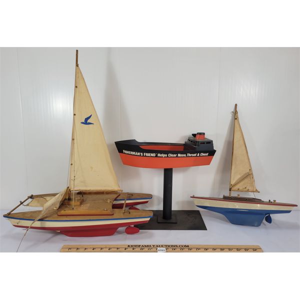 LOT OF 3 - WOODEN SAIL BOATS & FISHERMANS FRIEND  SEA VESSEL