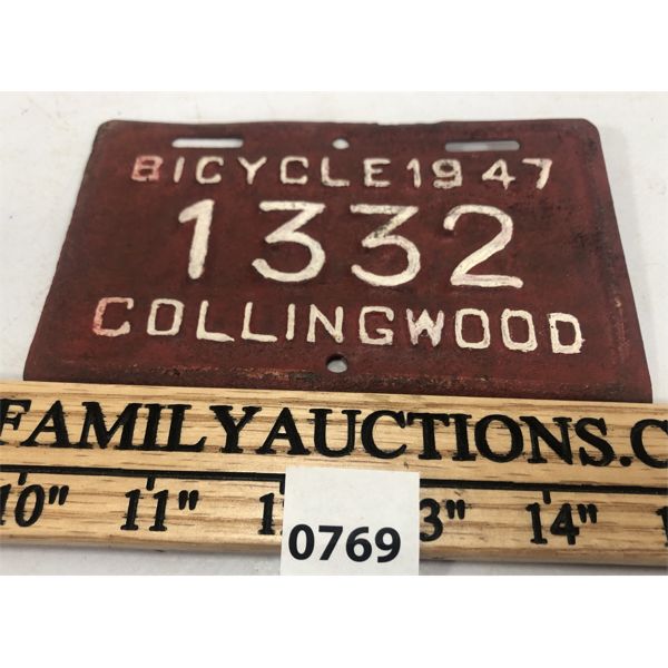 1947 COLLINGWOOD BICYCLE LICENSE PLATE