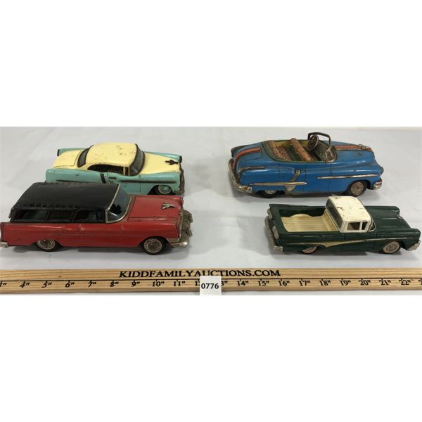 LOT OF 4 - TIN FRICTION CARS - INCL BANDAI PICK-UP TRUCK