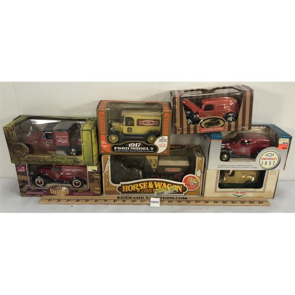 LOT OF 7 - DIECAST COLLECTORS COIN BANK VEHICLES - INCL CANADIAN TIRE, HOME HARDWARE, ERTL ETC.