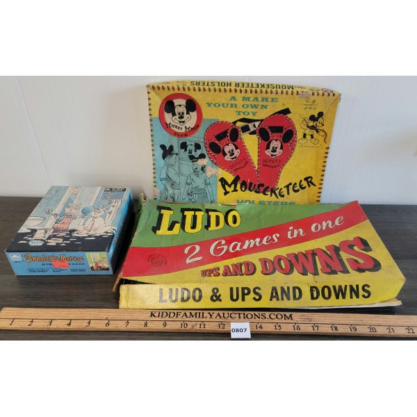 LOT OF 3 - DENNIS THE MENACE PUZZLE, LUDO GAME & MICKEY MOUSE HOLSTERS W/ BOXES