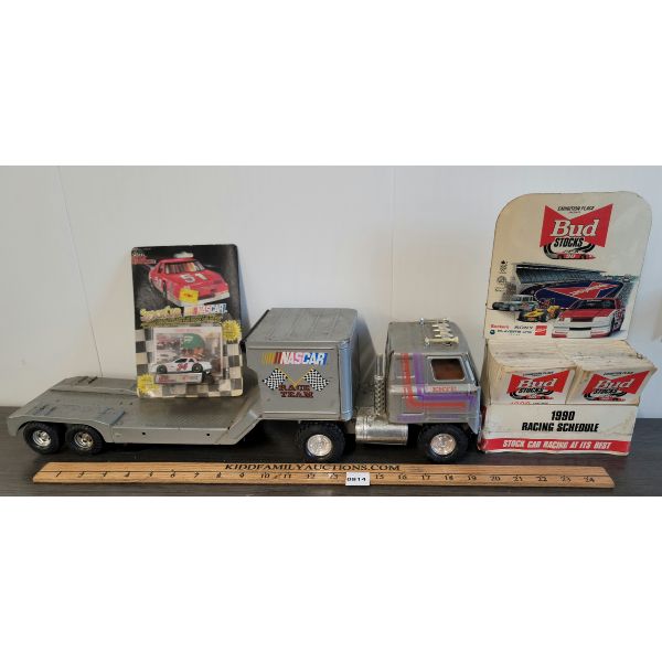 LOT OF 3 - BUD STOCKS COUNTER TOP DISPLAY, ERTL TRANSPORTER & NASCAR STOCK CAR