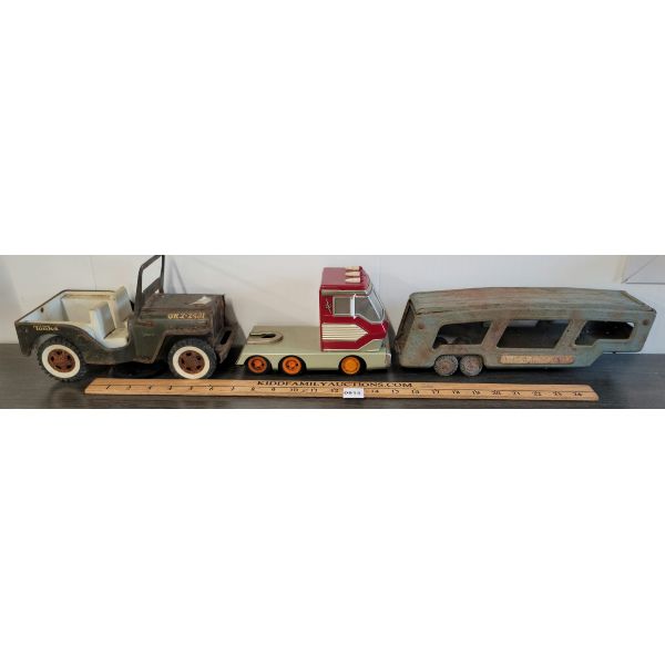 LOT OF 3 - TONKA ARMY JEEP, AUTOMOBILE CARRIER & TIN FORD TRUCK