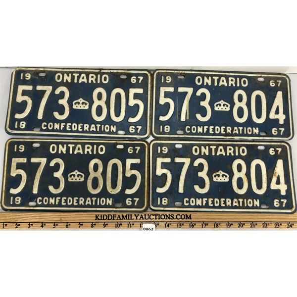 LOT OF 2 - PAIRS OF 1967 ONTARIO LICENSE PLATES - SEQUENTIAL