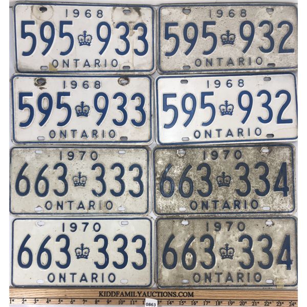 LOT OF 4 - PAIRS OF 1968 & 1970 ONTARIO LICENSE PLATES - SEQUENTIAL