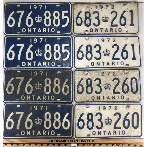 LOT OF 4 - PAIRS OF 1971 & 1972 ONTARIO LICENSE PLATES - SEQUENTIAL