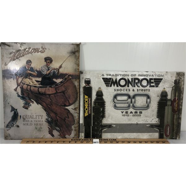 LOT OF 2 - EMBOSSED SST SIGNS - MONROE SHOCKS AND HEDDON'S TACKLE