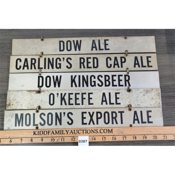 LOT OF 5 - HANGING METAL BAR SIGNS - INCL DOW ALE & MOLSON'S EXPORT 