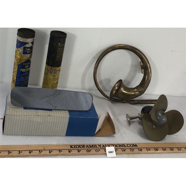 LOT OF 5 - FORD MIRROR, DASH FAN, GREASE TUBES AND BRASS HORN