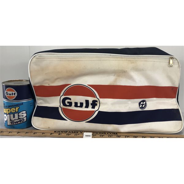 LOT OF 2 - GULF TRAVEL BAG AND SUPER PLUS COIN BANK LITRE CAN