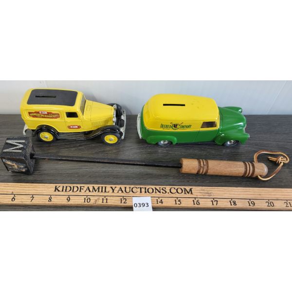 LOT OF 3 - DIE CAST COIN BANKS & JOHN DEERE BARBECUE BRANDING IRON