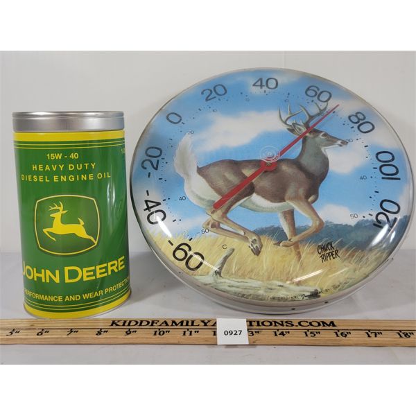 LOT OF 2 - JOHN DEERE TIN BANK AND CHUCK RIPPER THERMOMETER