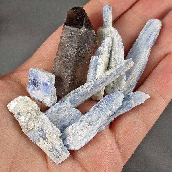 Lot of Raw Blue Kyanite Blades & A Smoky Quartz Point