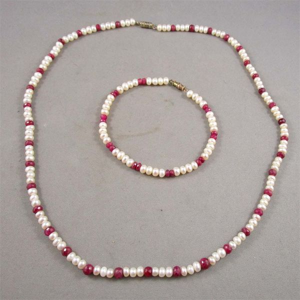 Authentic Ruby & Freshwater Pearl Necklace and Bracelet Set