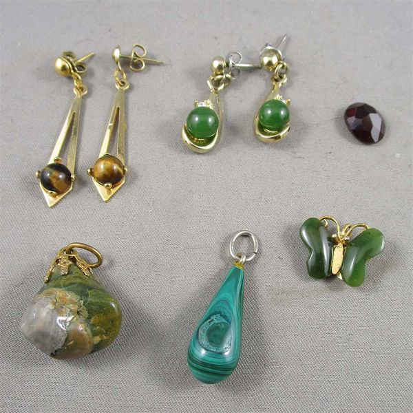 Set of 6 Gemstone Jewelry - Malachite, Jade, Tiger Eye, Garnet & Unakite