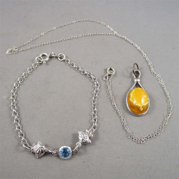 Lot of 3 Sterling Silver Jewelry - Necklace, Bracelet and possible Amber Pendant?