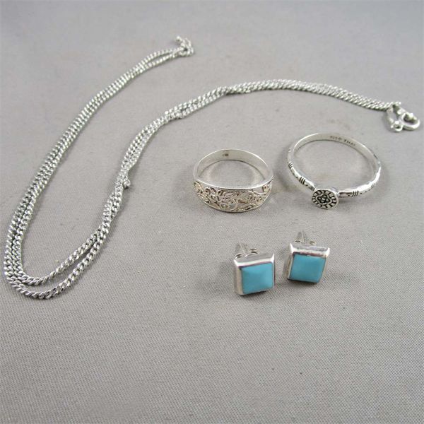 Lot of 4 Sterling Silver Jewelry - Size 5 & 10 Rings, Earrings and 20" Curb Chain