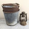 Image 1 : Set of 2 Old Galvanized Pails & Old Oil Lantern