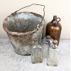 Image 1 : Galvanized Pail & 4 Vintage Bottles