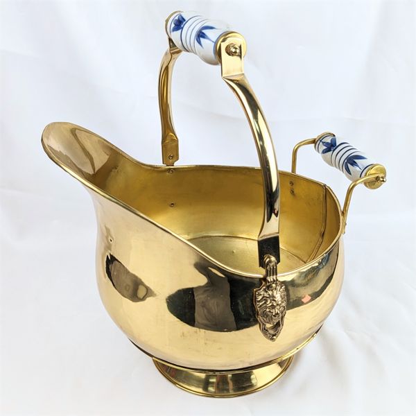 Vintage Brass Lion Head Scuttle Bucket with Delft Blue Handles