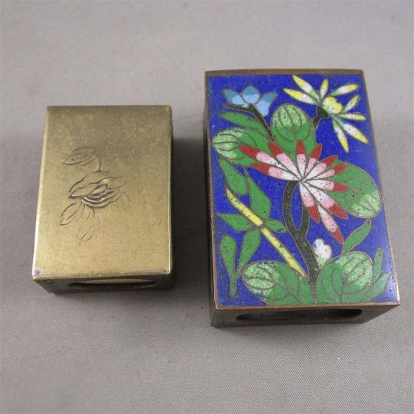 Set of 2 Vintage Brass & Enamel Matchbox Covers