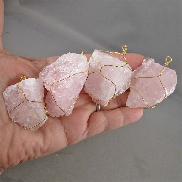 Set of 4 NEW Rose Quartz Crystal Wire Wrapped Pendants