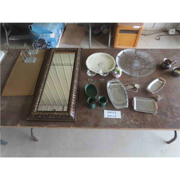 Wall Mirror 12" x 28", Platter, Silverplate, Cream + Sugar , Small Trays China Flowers,