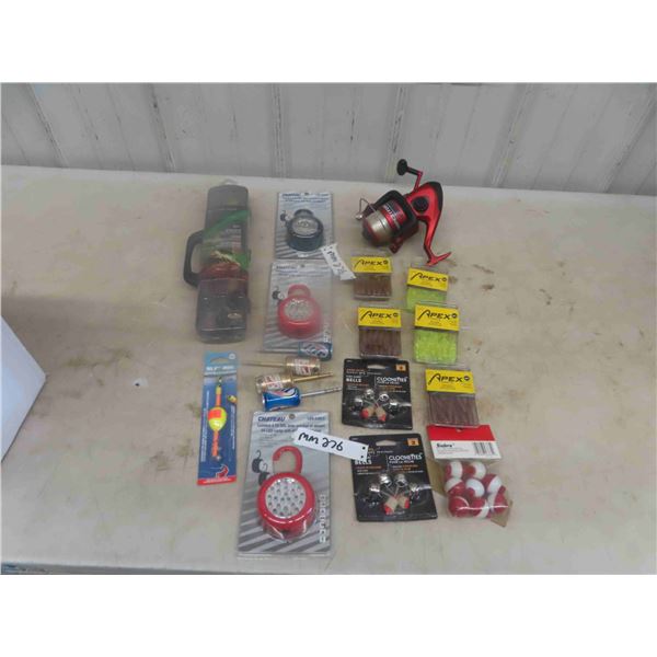 6 Packs of Bobbers, 2 Fish Alert Bells, 5 Pkgs of Jigs, 1 Large Fishing Reel, Walleye Kit,