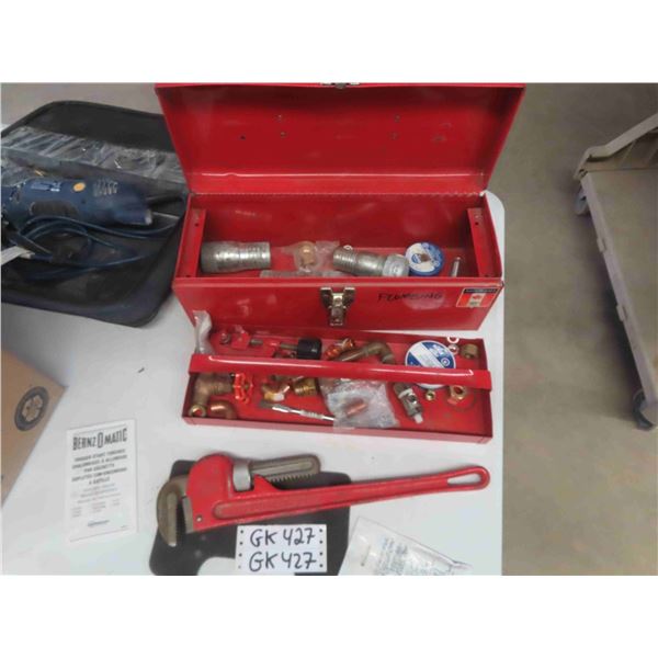 Misc. Box of Tools ; Pipe Wrench, Plumbing Parts, Multi Cutter, Hole Saw, Sanding Kit, 