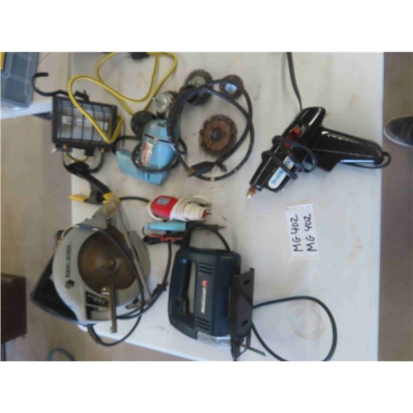 B+D Circular Saw, Mastercraft Jig Saw, B+D Drill, Glue Gun, Construction Light, plus more