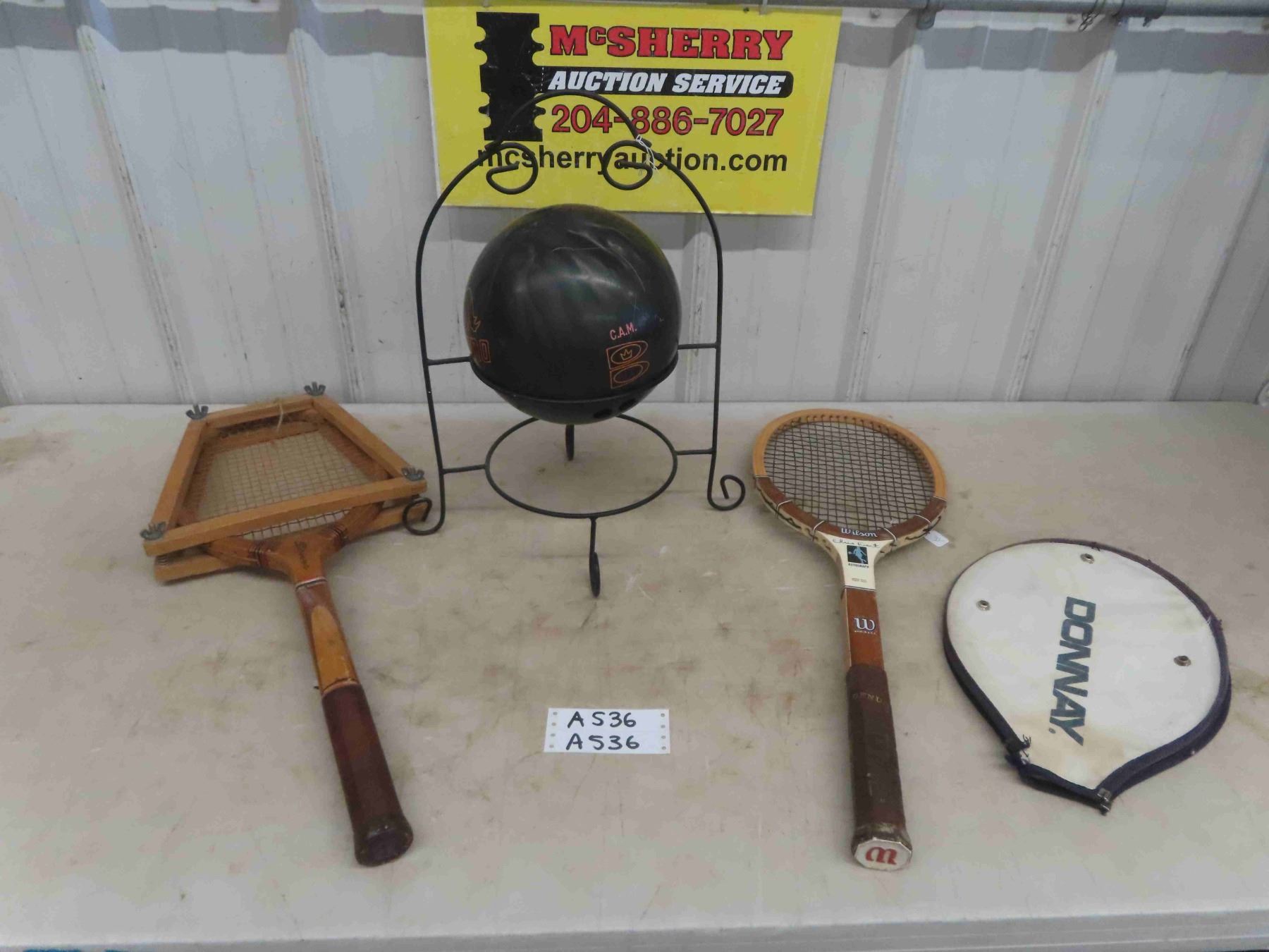 2 Vintage Tennis Rackets, Brunswick Bowling Ball, Metal Stand
