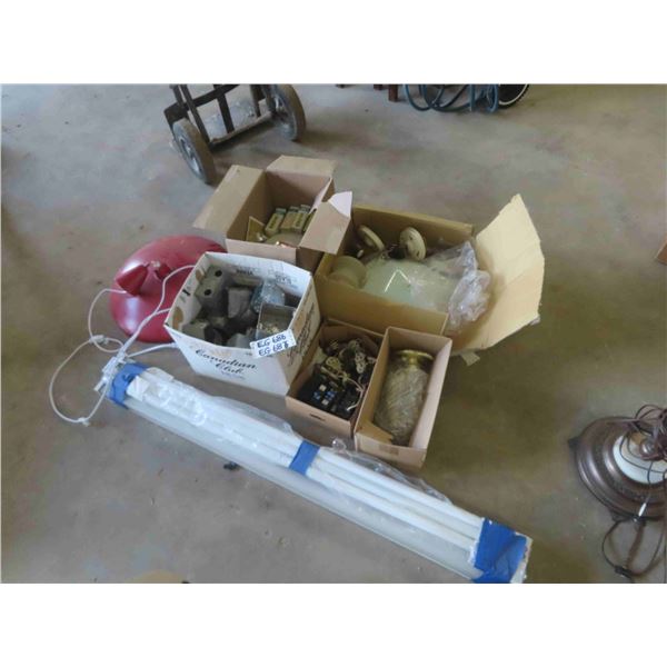 Assorted Electrical + Lighting Supplies ; Breakers, Plugs, Outlet Boxes, Lamps, Bulbs, 