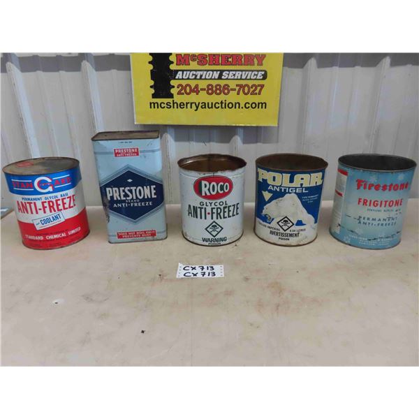 5 Assorted Vintage 1 Gal Antifreeze Tins - Roco, Prestone, Stanguard
