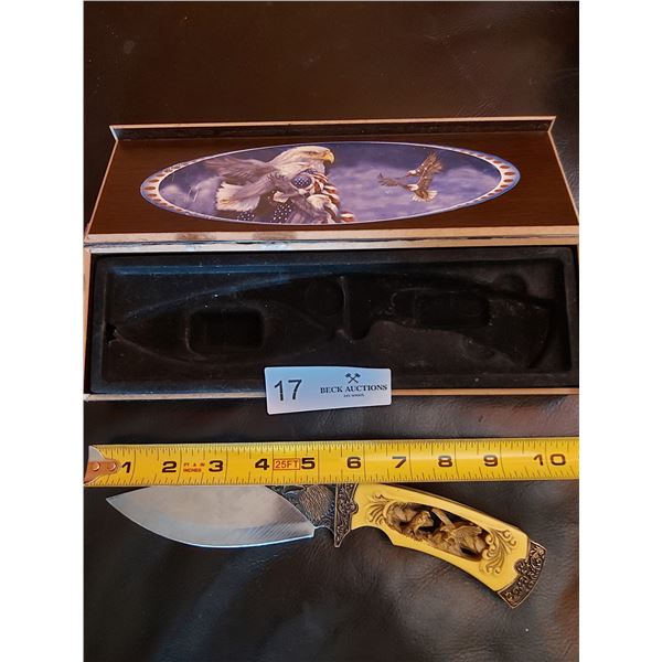 Resin Carved Handled Hunting Knife with Etched Blade in Wooden Box