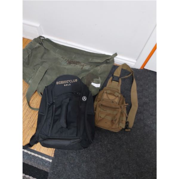 2 Army Type Bags (Smaller has a rip that can be easily Sewn) and a backpack