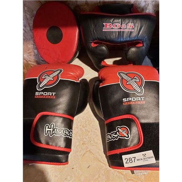 Boxing Mask, Gloves and Sparring Pad (Pad has a rip in Seam)