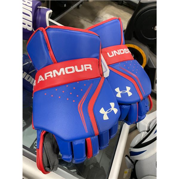 RED & BLUE UNDER ARMOUR GOALIE GLOVES ( SIZE: LG )