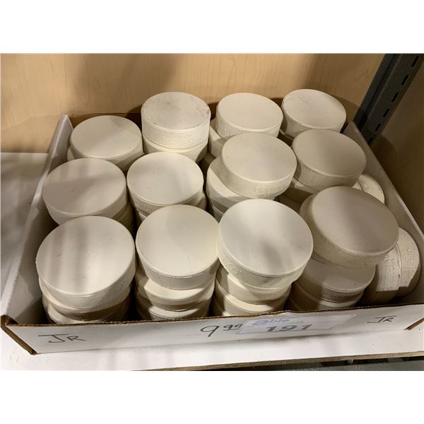 BOX OF WHITE JUNIOR HOCKEY PUCKS