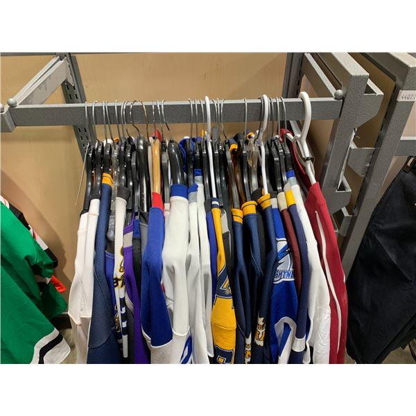 LOT OF ASSORTED HOCKEY JERSEYS IN VARIOUS SIZES & COLOURS