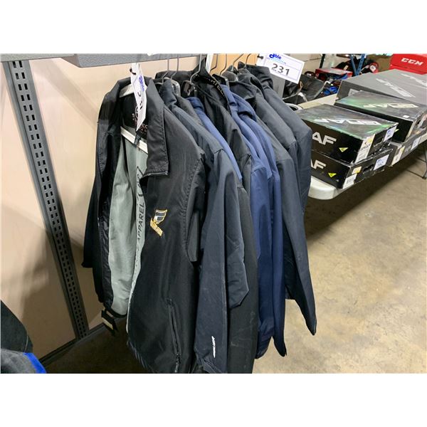 LOT OF ASSORTED BLUE & BLACK POLYESTER PARKAS IN VARIOUS SIZES