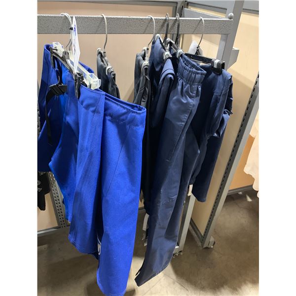 LOT OF ASSORTED POLYESTER PANTS IN VARIOUS SIZES & COLOURS & 2 BLUE PANT COVERS