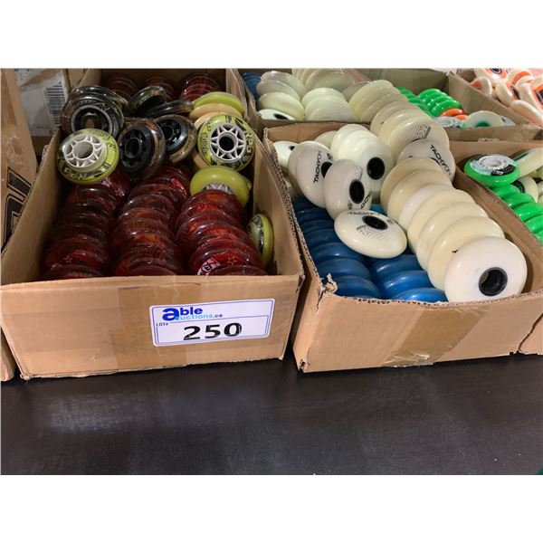 LOT OF ASSORTED ROLLER SKATE WHEELS IN VARIOUS SIZES & COLOURS