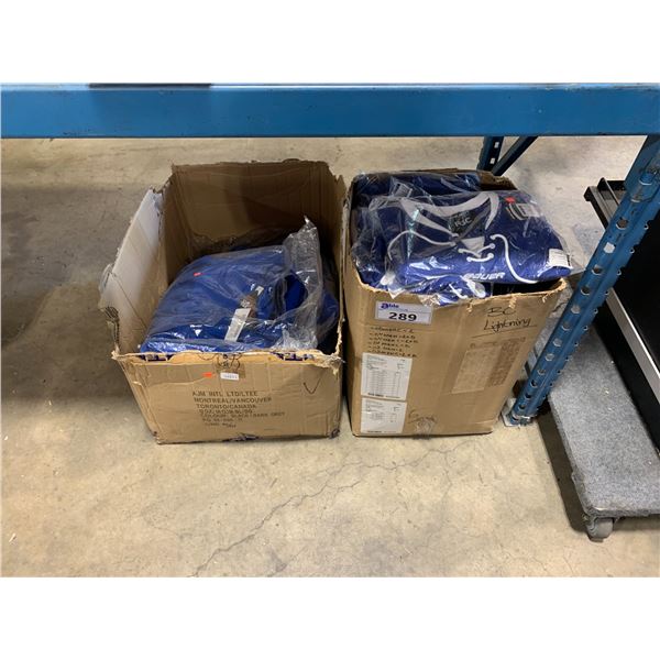 BOX OF ASSORTED BLUE BAUER JERSEYS & BOX OF BLUE CORE 365 PARKAS IN VARIOUS SIZES