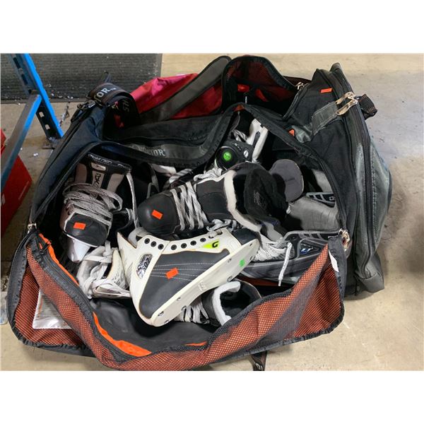 LARGE SHOCK DOCTOR EQUIPMENT BAG FILLED WITH VARIOUS SIZE SKATES WITH & WITHOUT BLADES