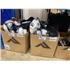 Image 1 : LOT OF ASSORTED CHEST, KNEE & SHIN PADS, 1 BOX OF ASSORTED PANT COVERS IN VARIOUS SIZES & 2 BOXES