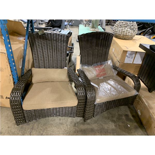 PAIR OF BROWN WOVEN RATTAN PREMIUM MUSKOKA CHAIRS WITH BEIGE CUSHIONS *IN BOX*