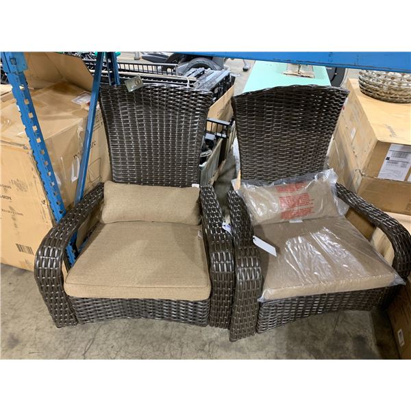 PAIR OF BROWN WOVEN RATTAN PREMIUM MUSKOKA CHAIRS WITH BEIGE CUSHIONS *IN BOX*