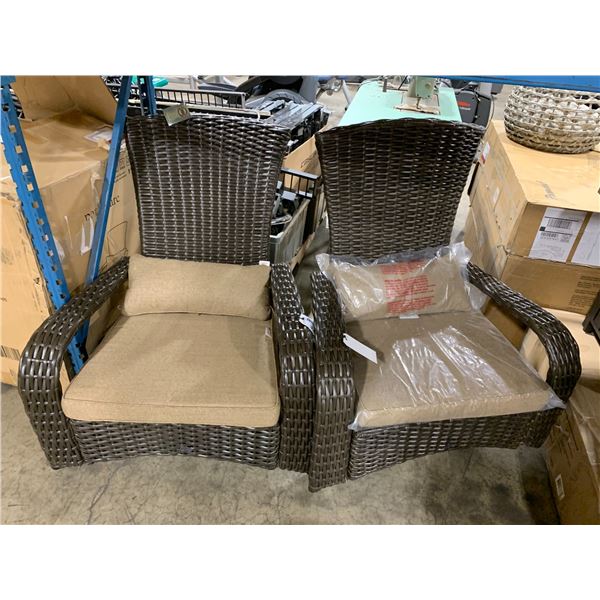 PAIR OF BROWN WOVEN RATTAN PREMIUM MUSKOKA CHAIRS WITH BEIGE CUSHIONS *IN BOX*