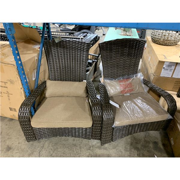 PAIR OF BROWN WOVEN RATTAN PREMIUM MUSKOKA CHAIRS WITH BEIGE CUSHIONS *IN BOX*